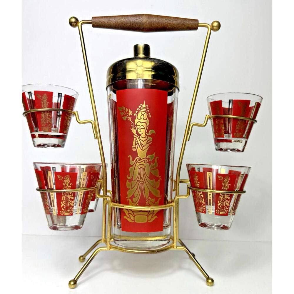 MCM Culver Red Gold Goddess Thai Siam Glass Gold Metal Stand Carrier Bar Set